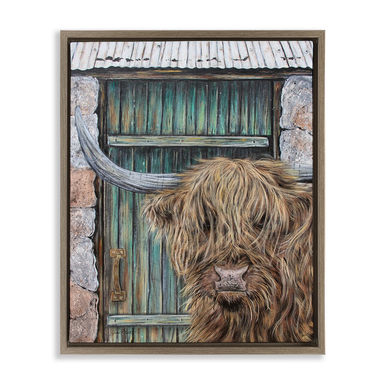 Stupell Industries Highland Cow by Barn Door Floating Frame, design by Jean Plout